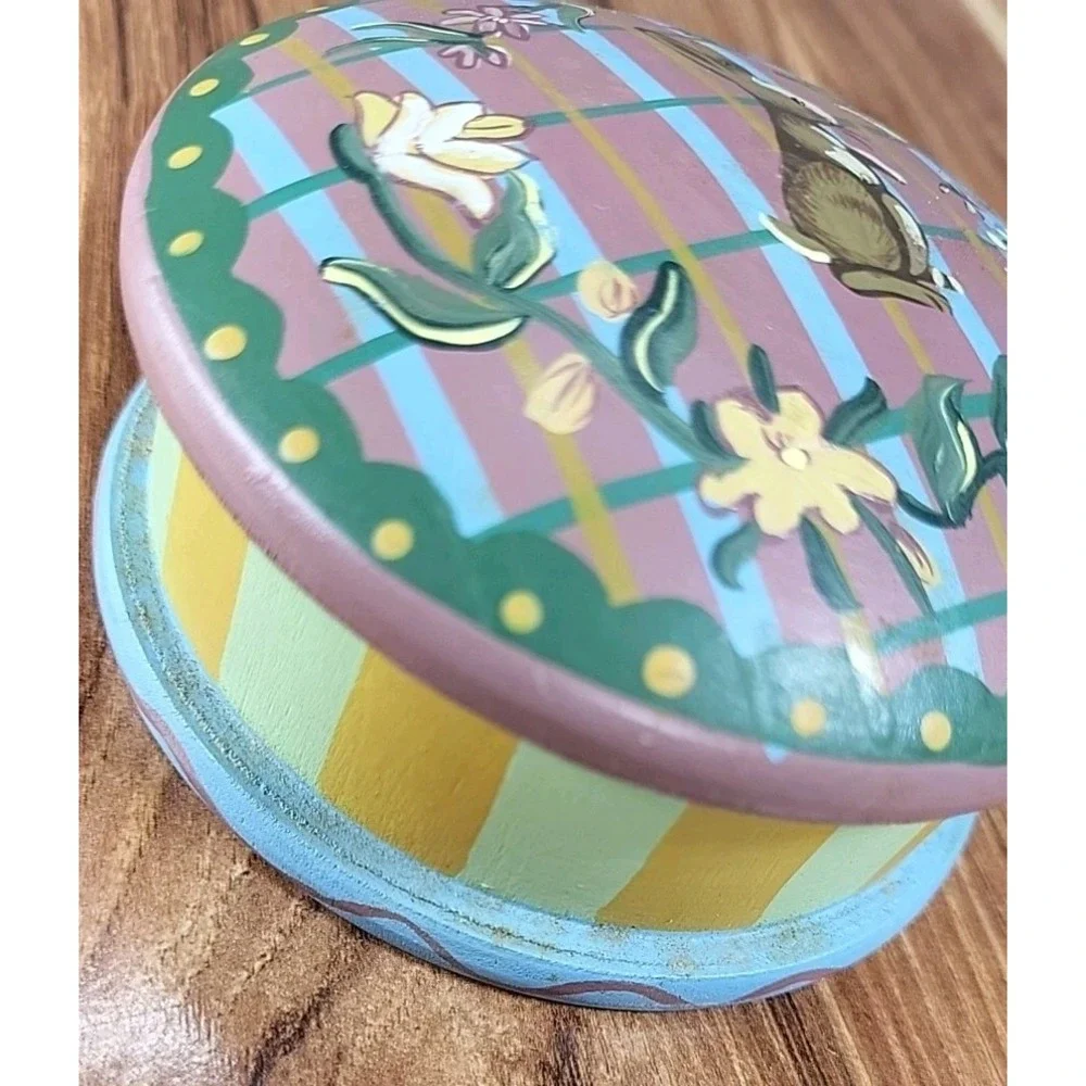 Vtg 90s Hallmark Easter Wooden‎ Trinket Box Bunny Rabbit Floral Painted Jewelry